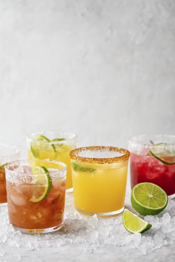 Colorful summer cocktails with lime wedges and salted rims on crushed ice.