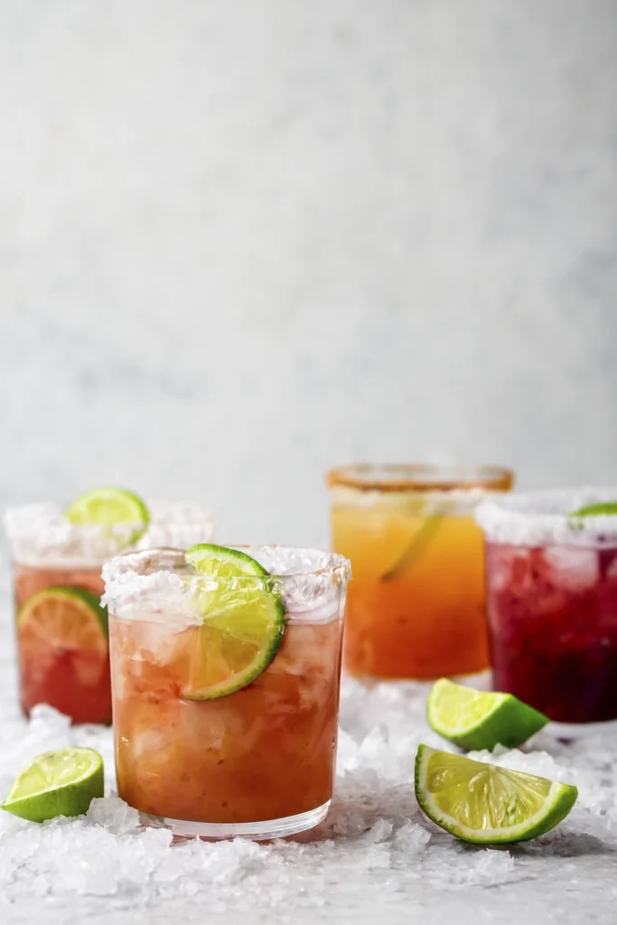 Assorted citrus cocktails with lime garnish and chili-salted rims.