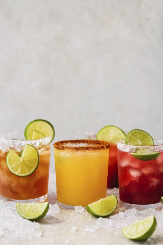 Colorful summer cocktails with lime wedges and salted rims on crushed ice.