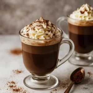 Glass mugs of hot chocolate topped with whipped cream and cocoa powder on a rustic white surface
