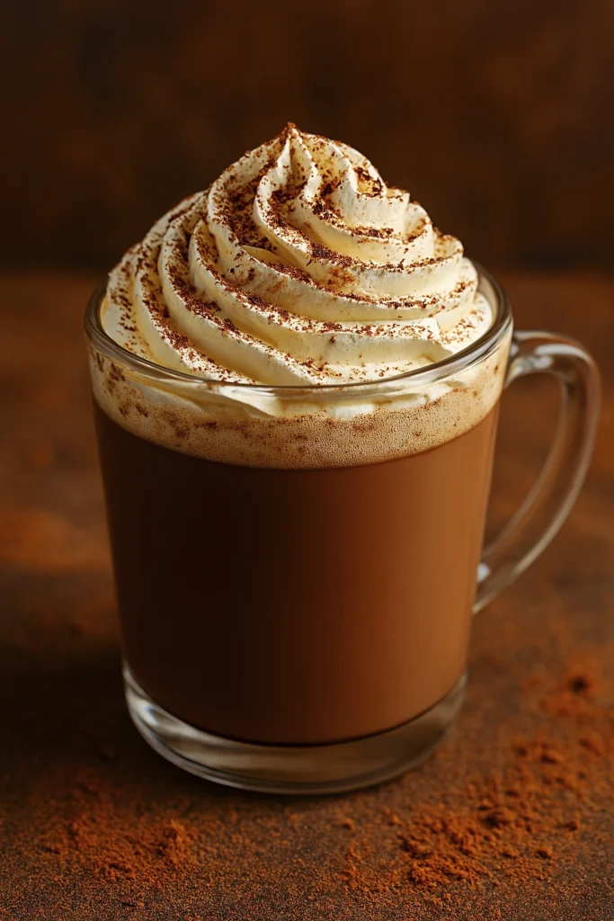 Top-down view of hot chocolate in a clear glass mug with whipped cream and cocoa dusting.