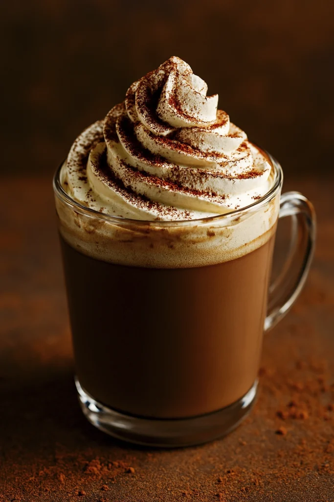 Side profile of hot chocolate in a clear glass mug with whipped cream and cocoa powder.