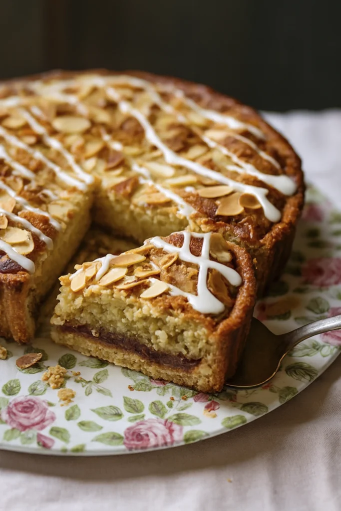 Hand placing a slice of Bakewell tart with almond topping and jam layer onto a floral-patterned plate.