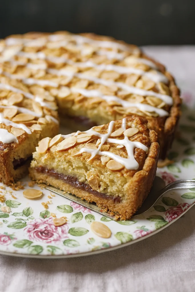 Close-up of a Bakewell tart slice being served from a whole tart on a floral plate with almond topping and icing drizzle.