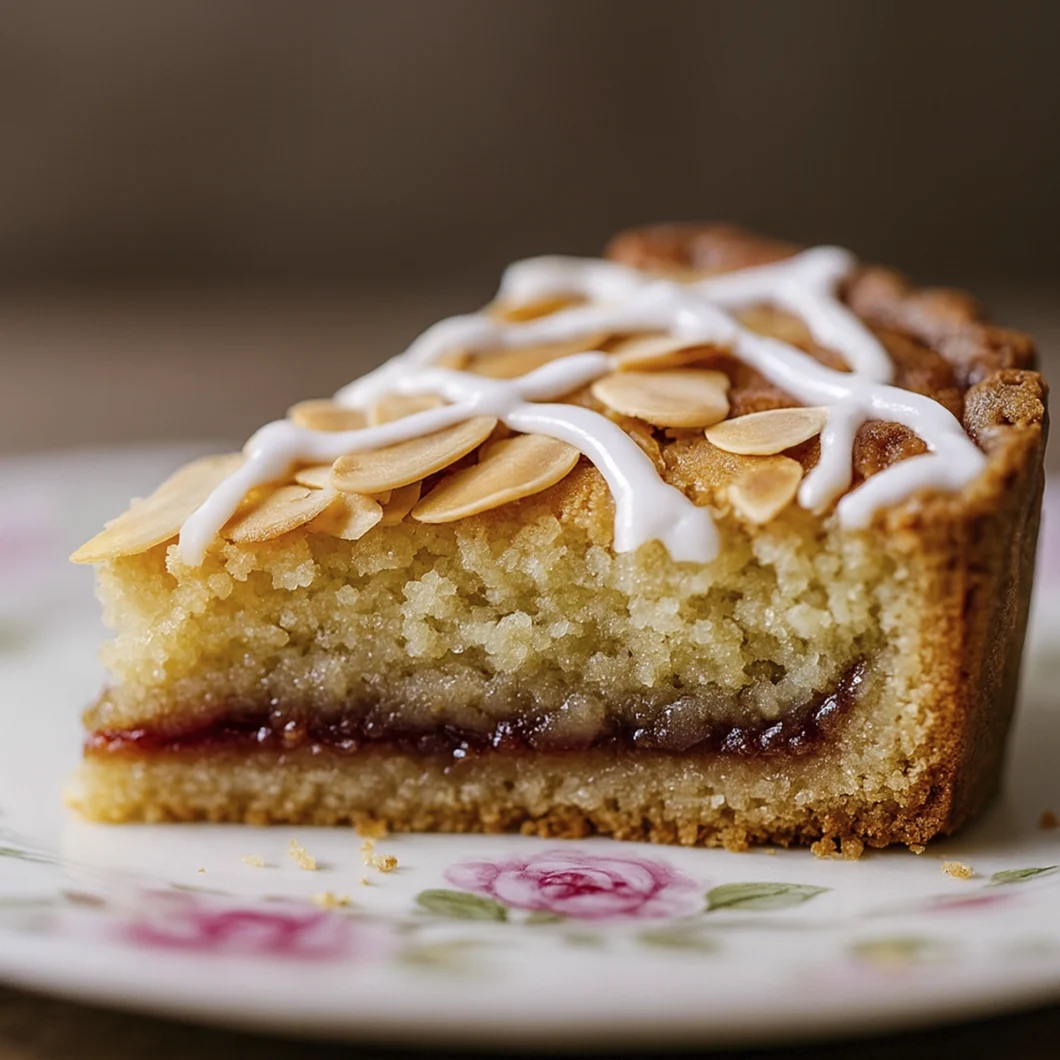 Side profile of a Bakewell tart slice with almond topping and icing drizzle on a floral plate.