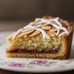 Side profile of a Bakewell tart slice with almond topping and icing drizzle on a floral plate.