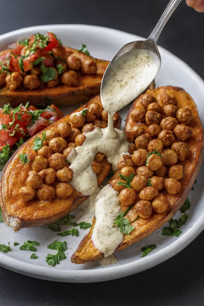 Vertical image of roasted sweet potatoes with chickpeas, creamy sauce, and fresh tomato-herb topping