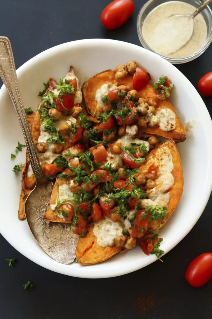 Vertical image of roasted sweet potatoes with chickpeas, creamy sauce, tomatoes, and fresh herbs