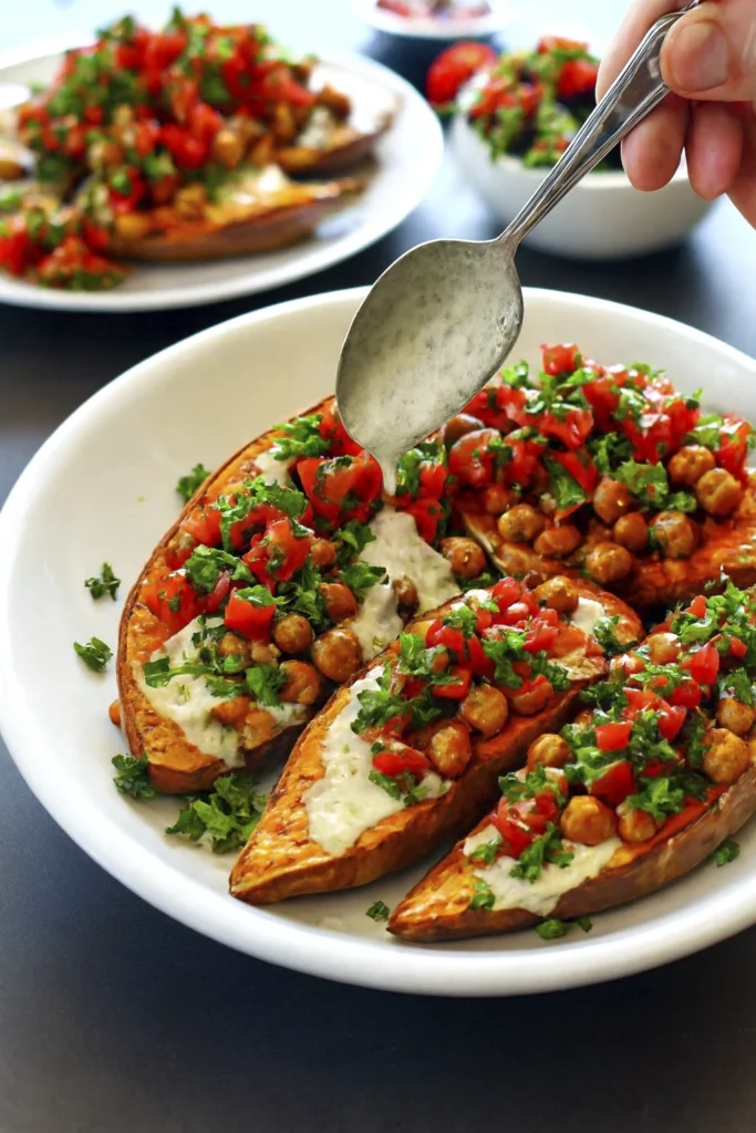 Vertical close-up of roasted sweet potatoes with chickpeas and herb sauce on a white plate