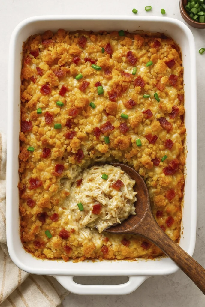 Close-up side view of creamy chicken casserole with bacon topping and green onion garnish