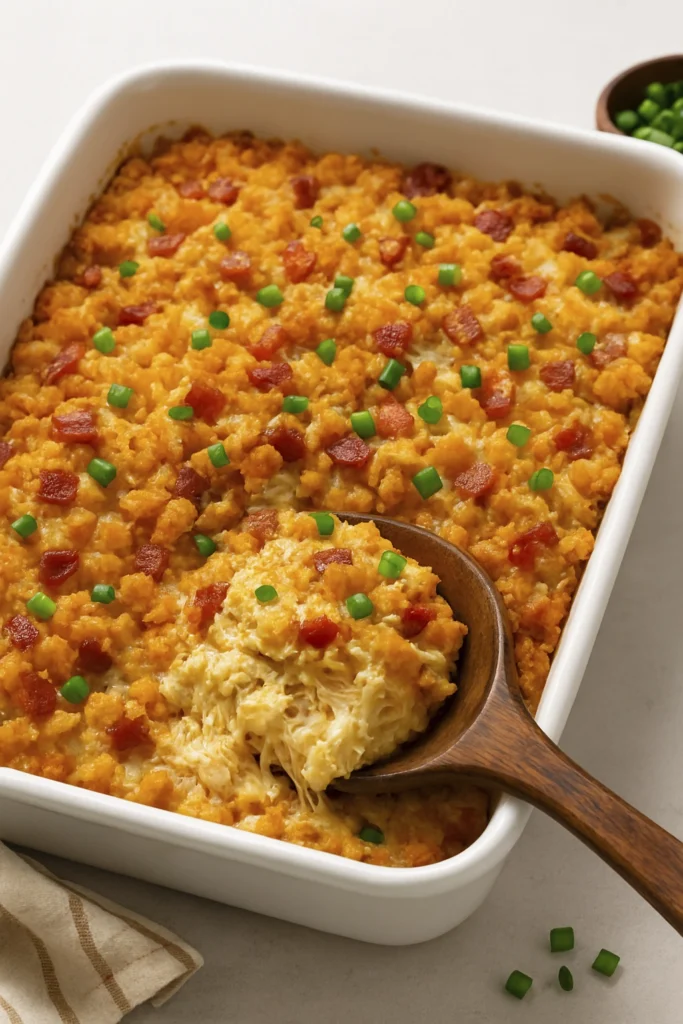 Golden chicken casserole with bacon topping and cheese filling, viewed from a 45-degree angle