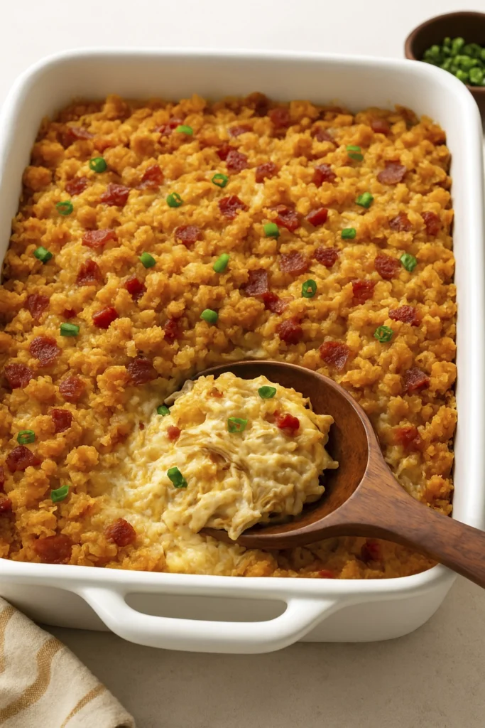 Top-down view of golden chicken casserole with bacon, cheese, and green onion garnish