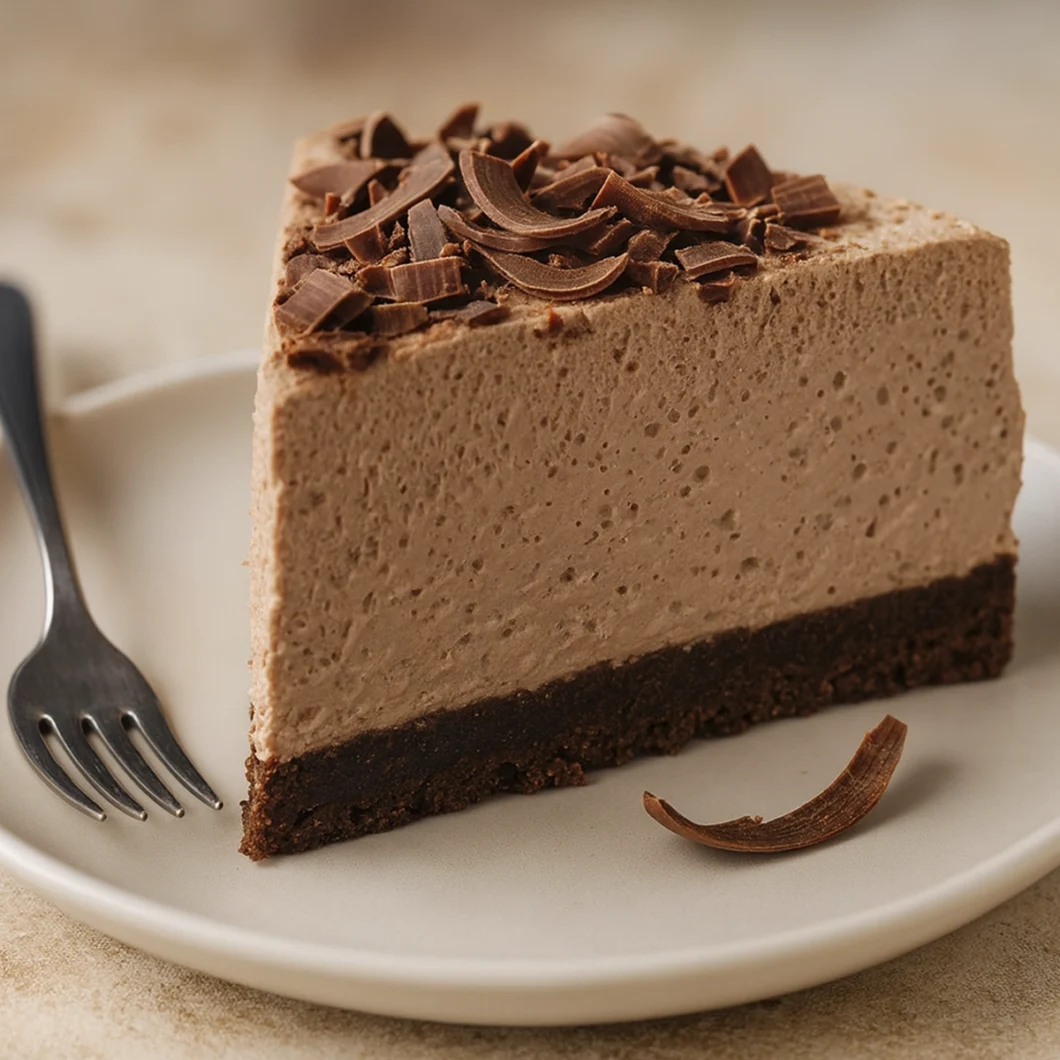 Chocolate mousse cake slice with airy mousse and chocolate shavings on white plate