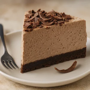 Chocolate mousse cake slice with airy mousse and chocolate shavings on white plate