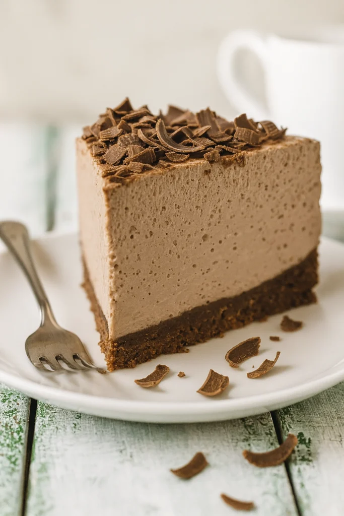 Slice of airy chocolate mousse cake with chocolate shavings and fork on white plate