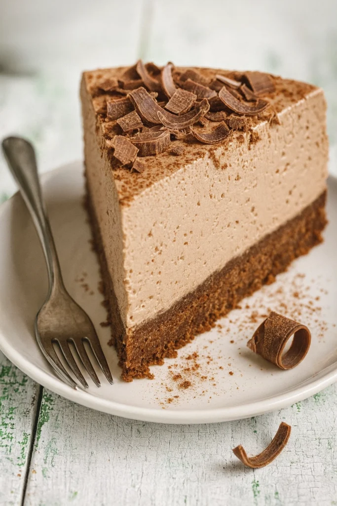 Chocolate mousse cake slice with chocolate shavings on a white plate in rustic setting