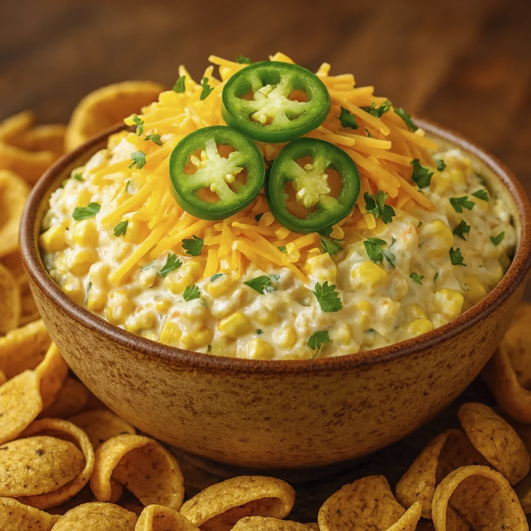 Creamy corn dip topped with cheddar, cilantro, and jalapeños, served with golden corn chips in a rustic bowl.