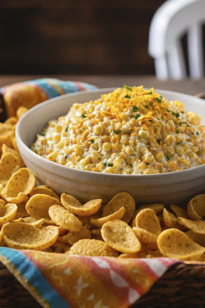 Creamy corn dip with cheese and herbs served with tortilla chips in a festive setting
