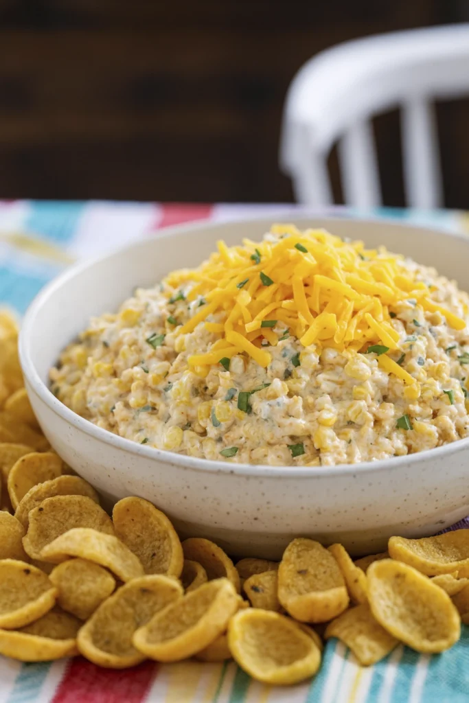 Low-angle view of creamy corn dip topped with cheese and herbs, served with tortilla chips in a basket
