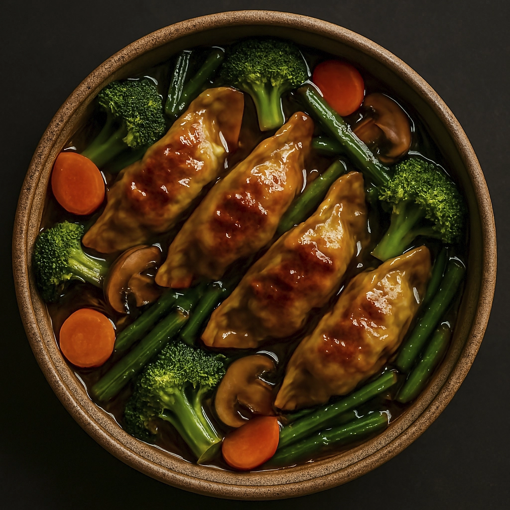 Top-down view of Asian stir-fry with soy-glazed dumplings, broccoli, carrots, mushrooms, and asparagus in a ceramic bowl