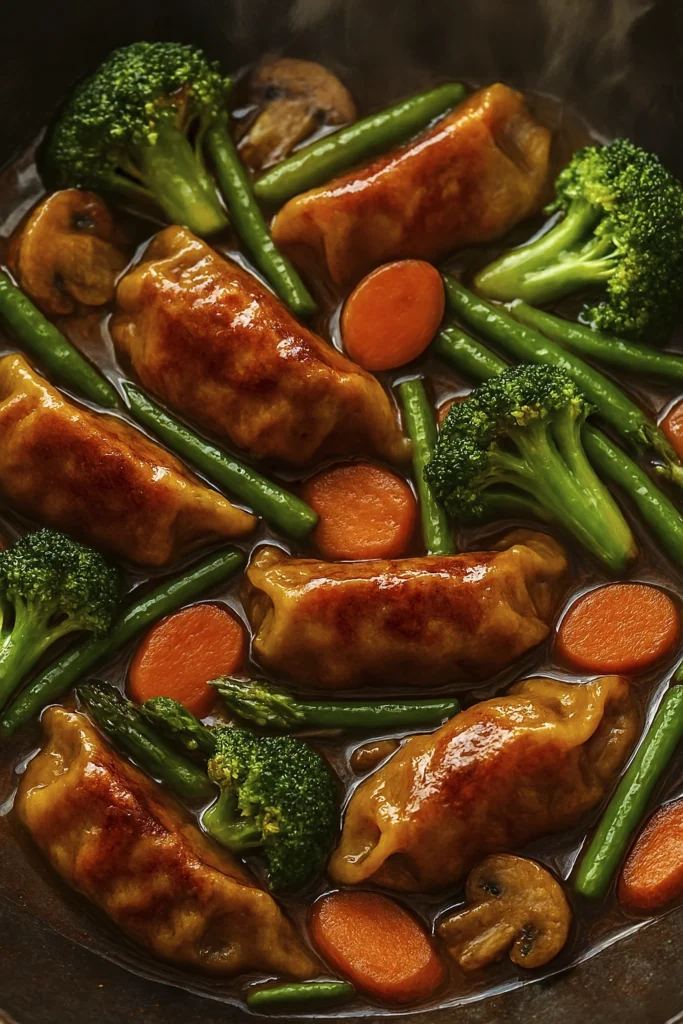 Asian-style dumplings with stir-fried vegetables in glossy brown sauce