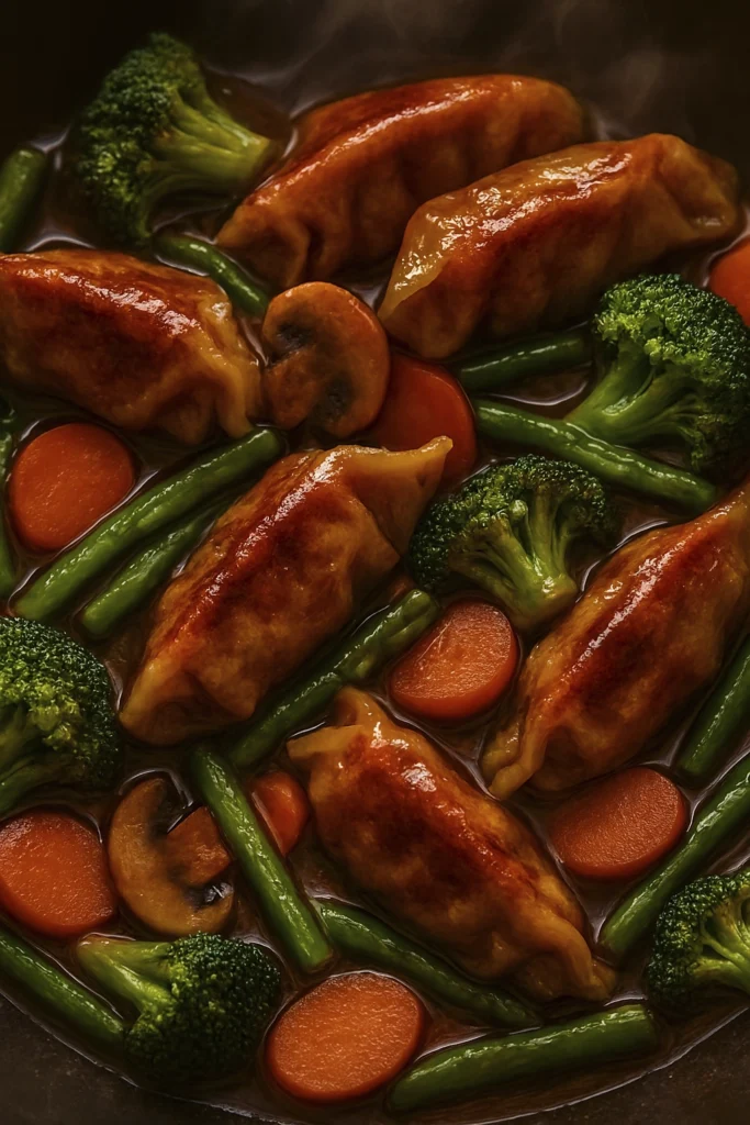 Healthy stir-fry with pan-fried dumplings and fresh vegetables in soy sauce