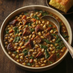 Steaming black-eyed pea soup with sausage and greens, served with cornbread on rustic wood