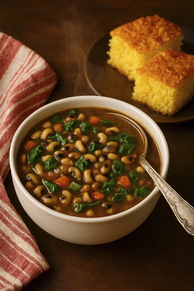 Side view of black-eyed peas stew and cornbread in a rustic Southern kitchen setting