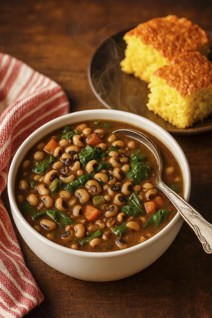 Steaming black-eyed peas stew with greens and cornbread in a rustic Southern kitchen setting