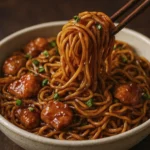 Glossy stir-fried noodles with tender chicken, green onions, and sesame seeds lifted by chopsticks.
