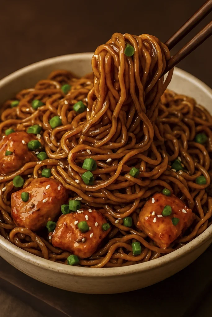 Asian stir-fried noodles with chicken, sesame seeds, and scallions in a glossy brown sauce.