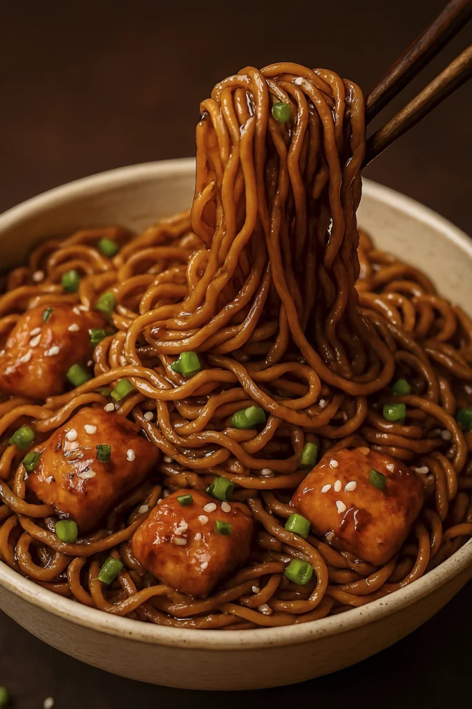 Steaming bowl of stir-fried noodles with tender chicken, sesame seeds, and scallions lifted by chopsticks.