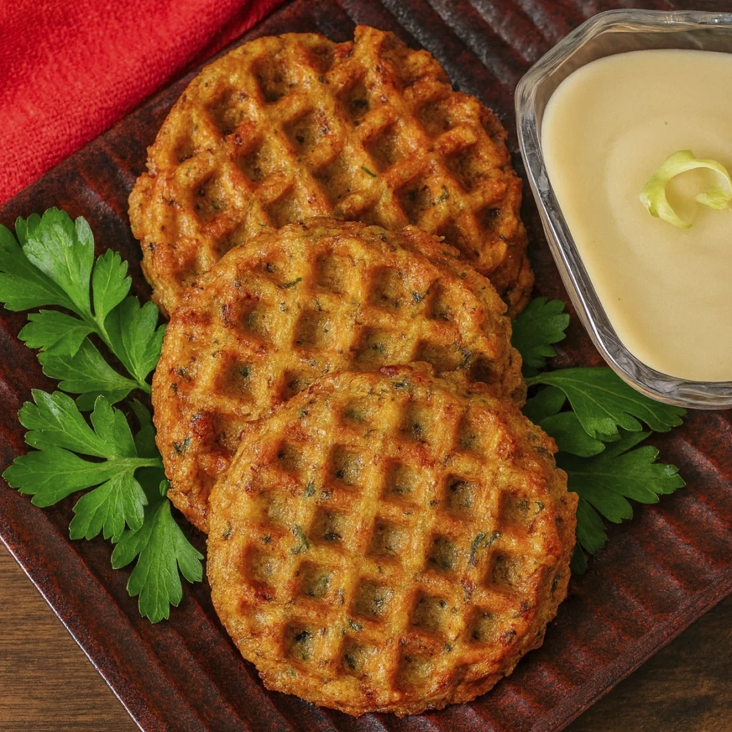 Golden waffle fritters with parsley garnish and creamy dipping sauce on a red cloth background