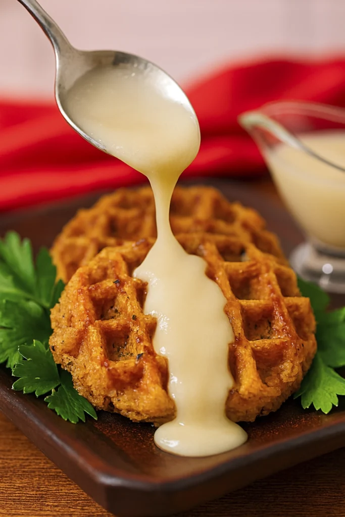 Close-up of spoon pouring creamy sauce onto savory waffle.