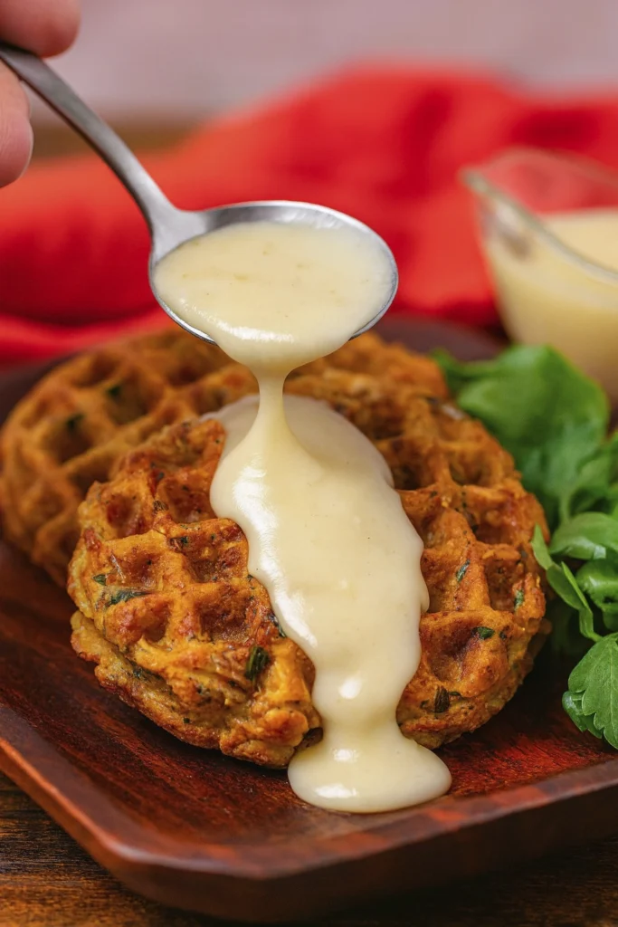 Side view of savory waffle with sauce being spooned over.