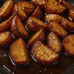 Golden roasted potato wedges with glossy sweet-savory glaze, crispy edges, and herb garnish.