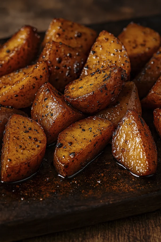 Golden roasted potato wedges with glossy caramelized glaze and crispy herb-seasoned edges.