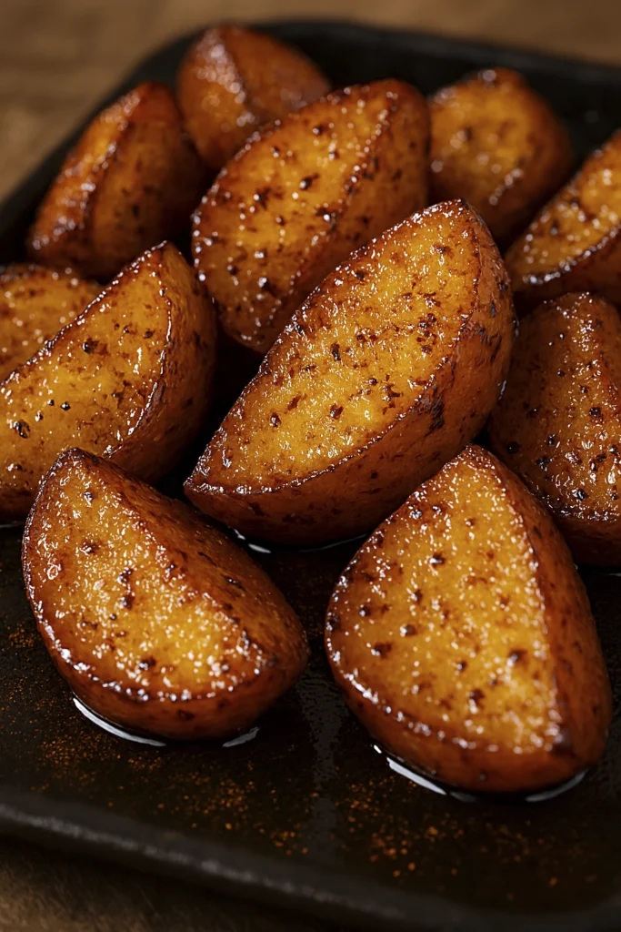 Close-up of crispy roasted potato wedges with glossy spice glaze and caramelized edges on rustic wood