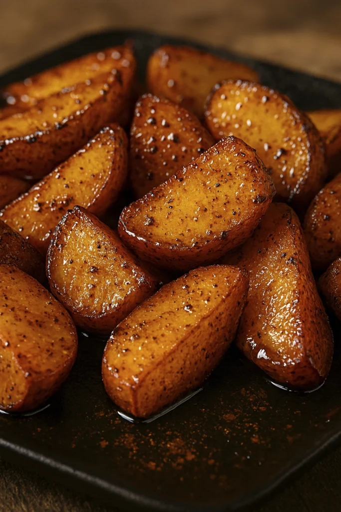 Golden roasted potato wedges with crispy edges and glossy spice glaze on rustic wood background