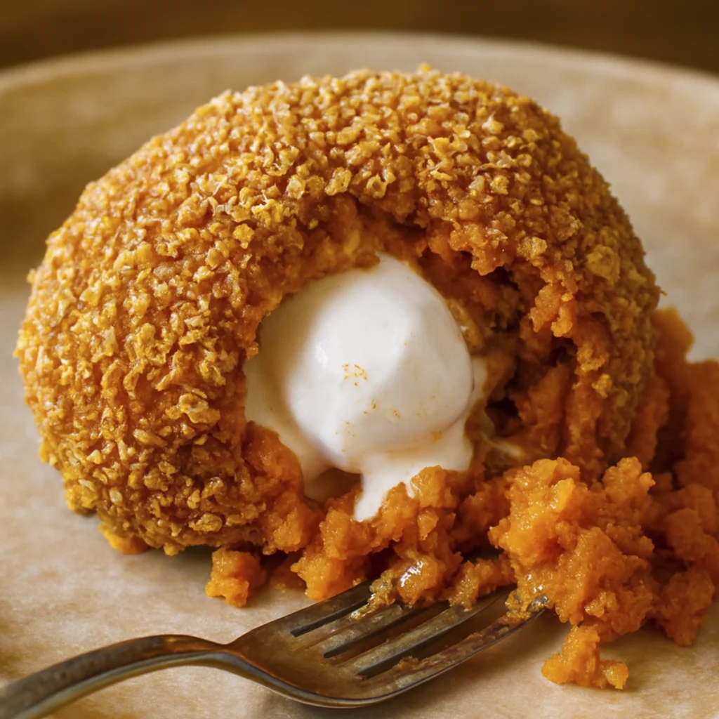 Vertical image of a crispy dessert ball with ice cream center and mashed sweet potato base
