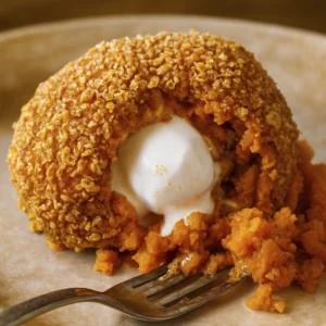 Vertical image of a crispy dessert ball with ice cream center and mashed sweet potato base