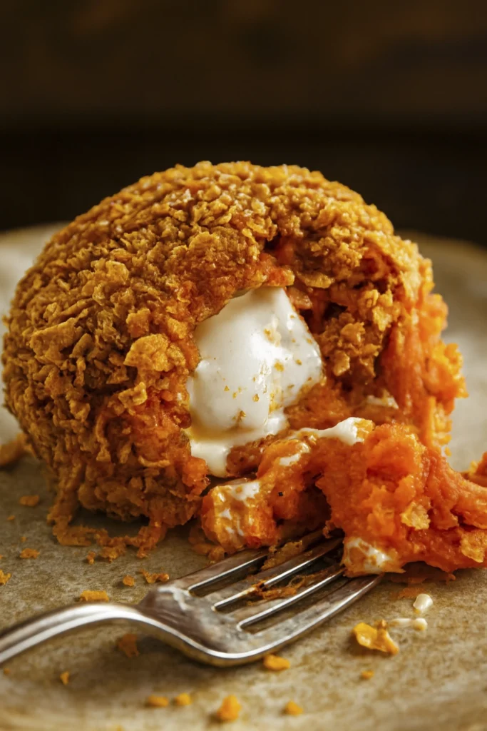 Golden crispy dessert ball with ice cream center and mashed sweet potato base