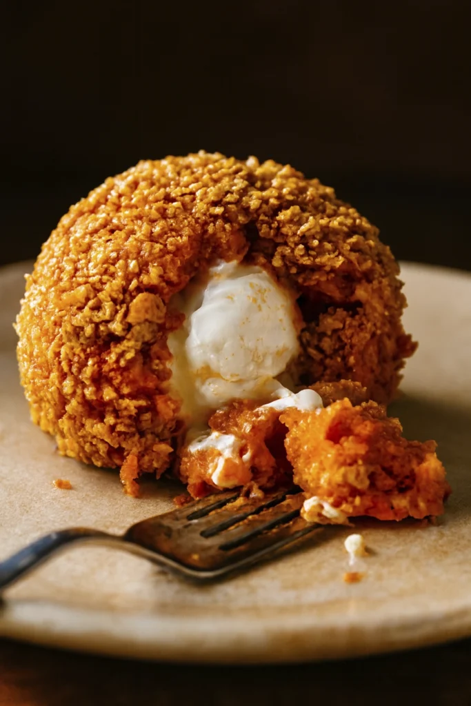 Vertical gourmet shot of crispy sweet potato ice cream ball with cornflake crust