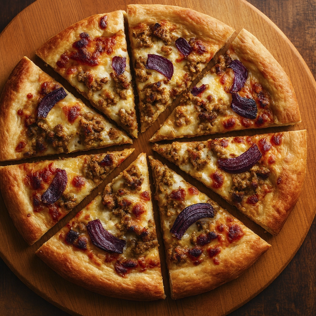 Rustic homemade pizza with sausage, red onions, and melted cheese on a wooden board in warm lighting