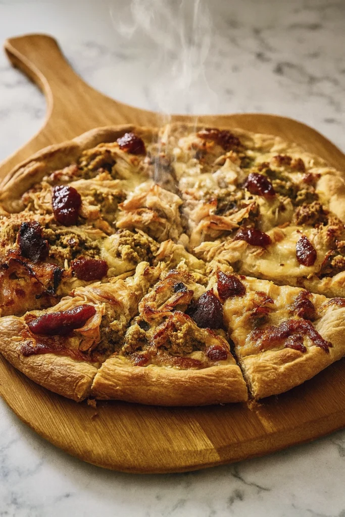 Overhead view of a Thanksgiving pizza with turkey, stuffing, cheese, and cranberry sauce on a wooden peel