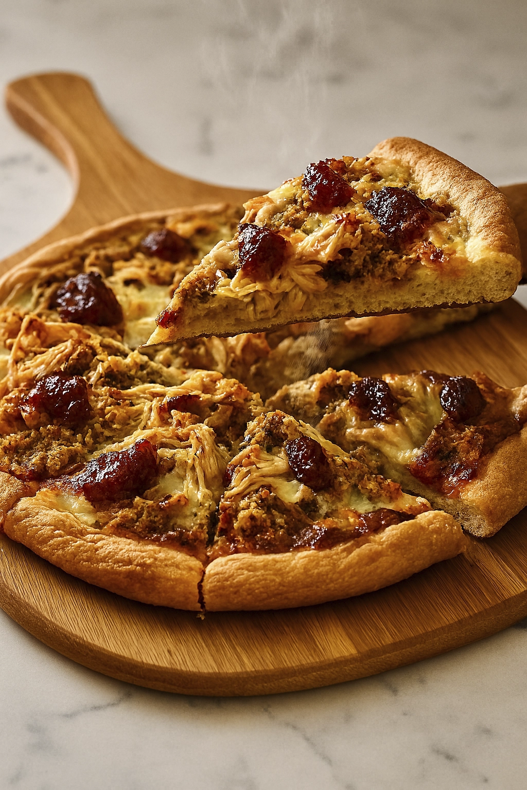 Side view of Thanksgiving pizza with turkey, stuffing, cheese, and cranberry sauce on a wooden board
