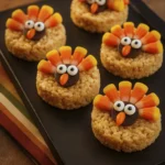 Side-profile view of Thanksgiving Rice Krispies treats decorated as candy turkeys with festive toppings