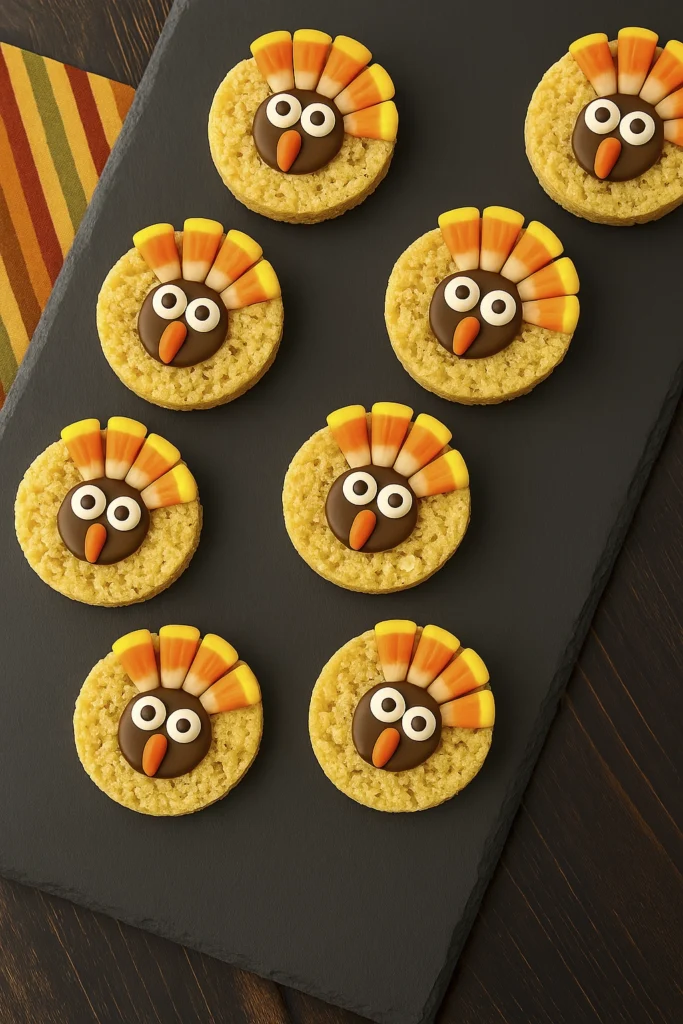Top-down view of festive turkey-shaped Rice Krispies treats with candy corn feathers on a slate tray