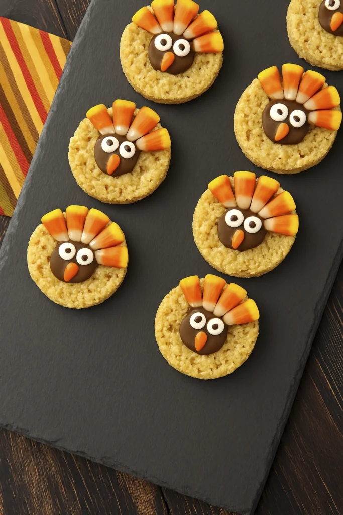 Rustic Thanksgiving Rice Krispies turkey treats with candy corn feathers and fall decorations