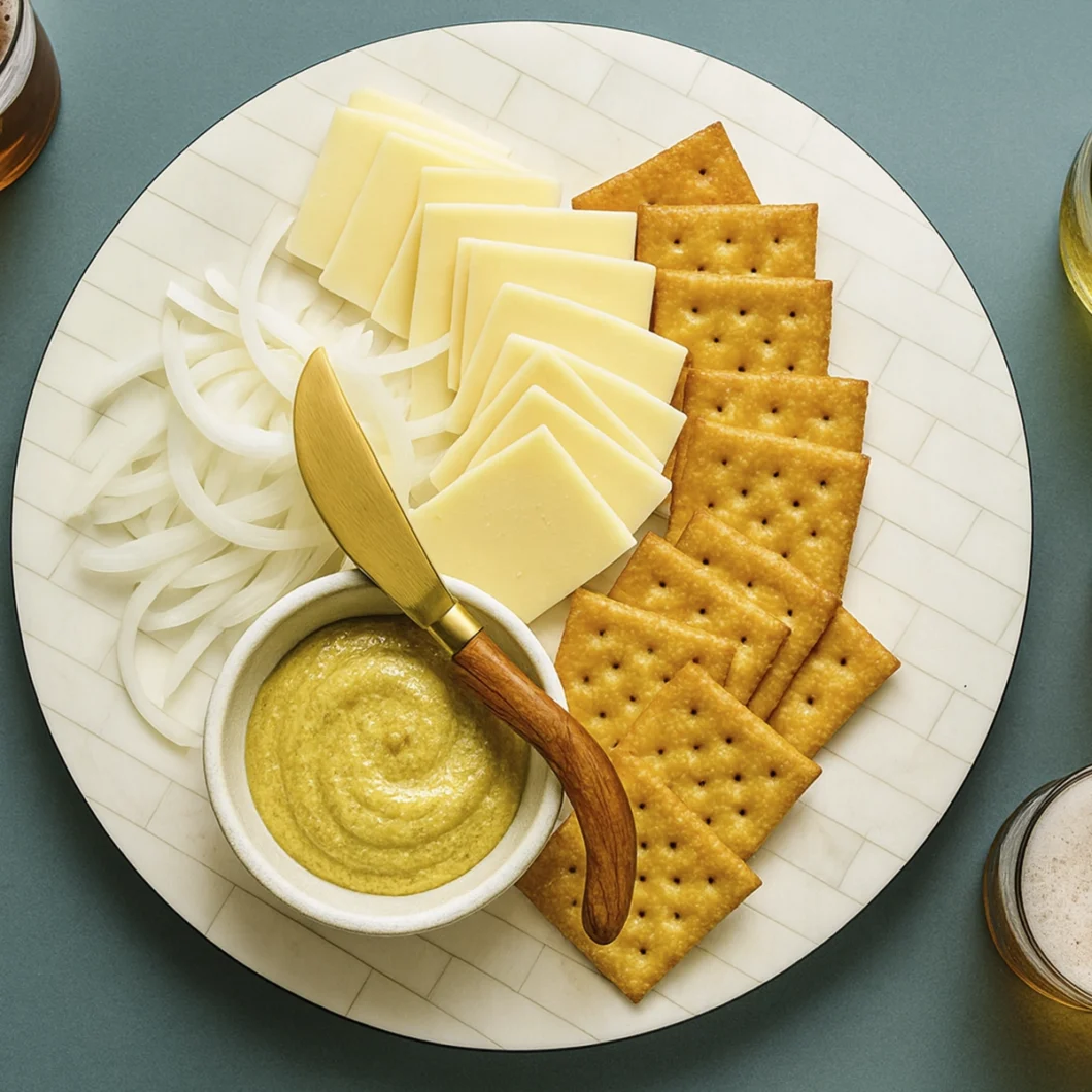 Overhead snack platter with cheese, crackers, onions, mustard dip, and beer on teal background.